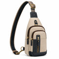 Borsa a tracolla 18 x 8 x 32 cm in tessuto beige e similpelle nera con tasche zip
