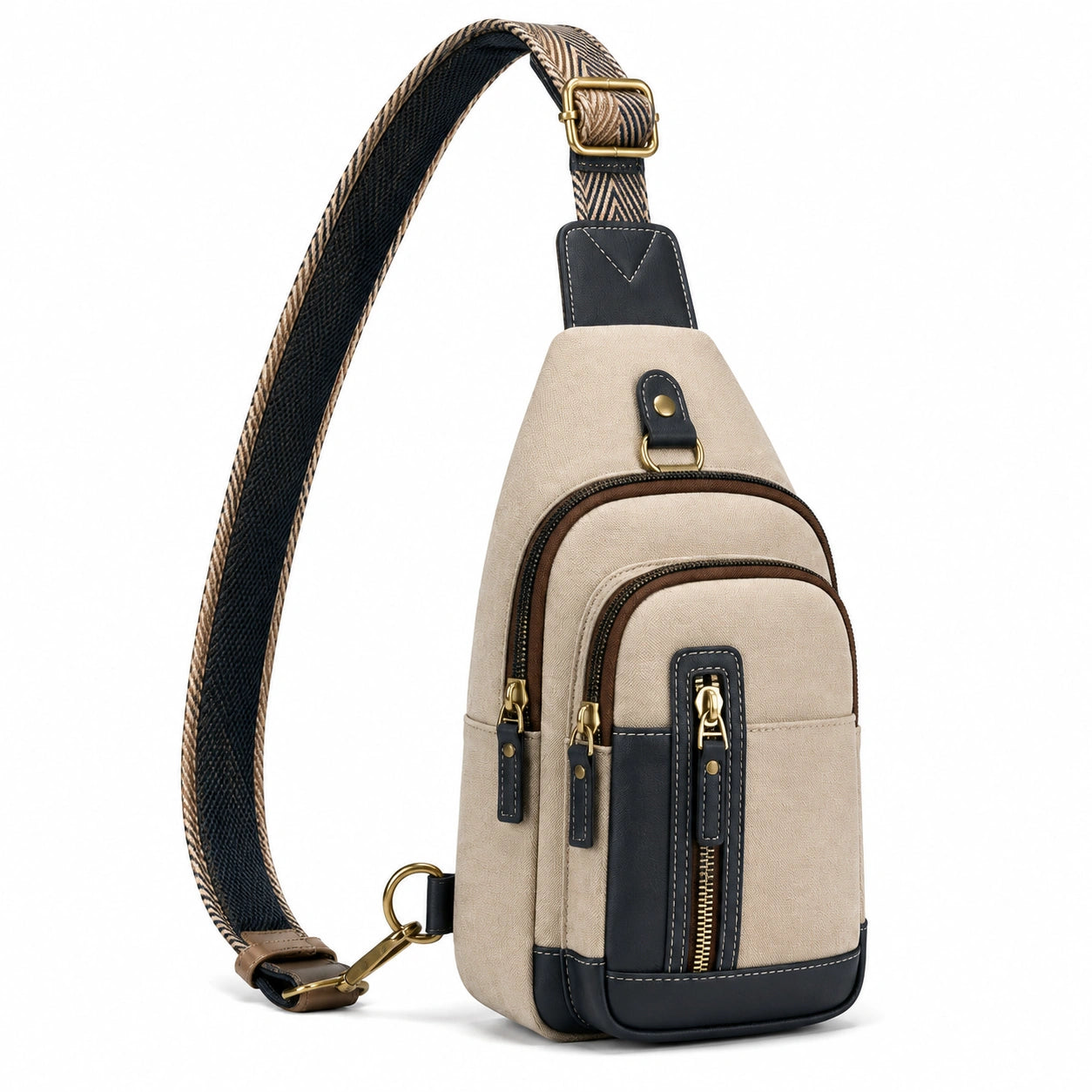 Borsa a tracolla 18 x 8 x 32 cm in tessuto beige e similpelle nera con tasche zip