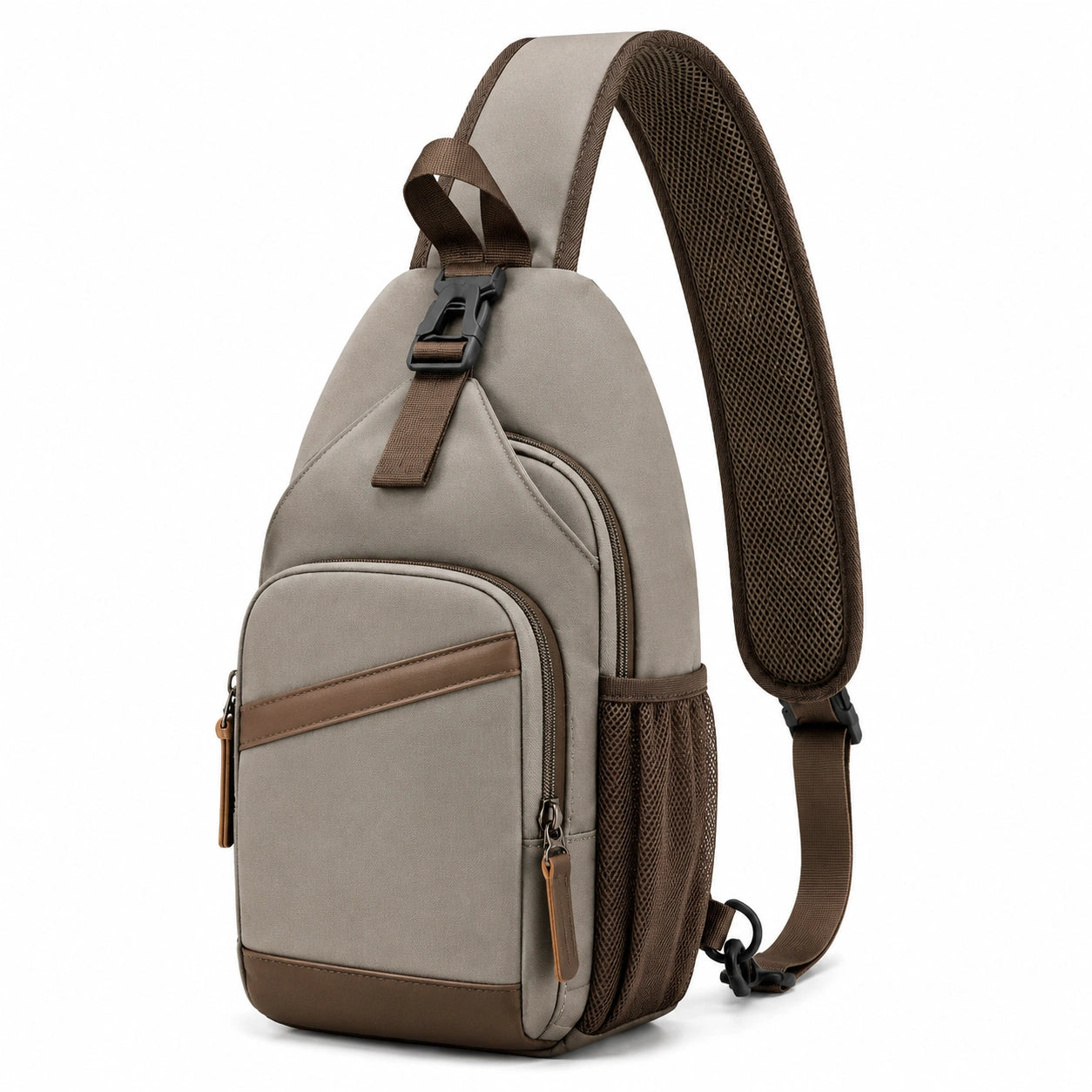 Zaino monospalla 20 x 10 x 35 cm in tessuto grigio tortora con tasche zip - stile urbano