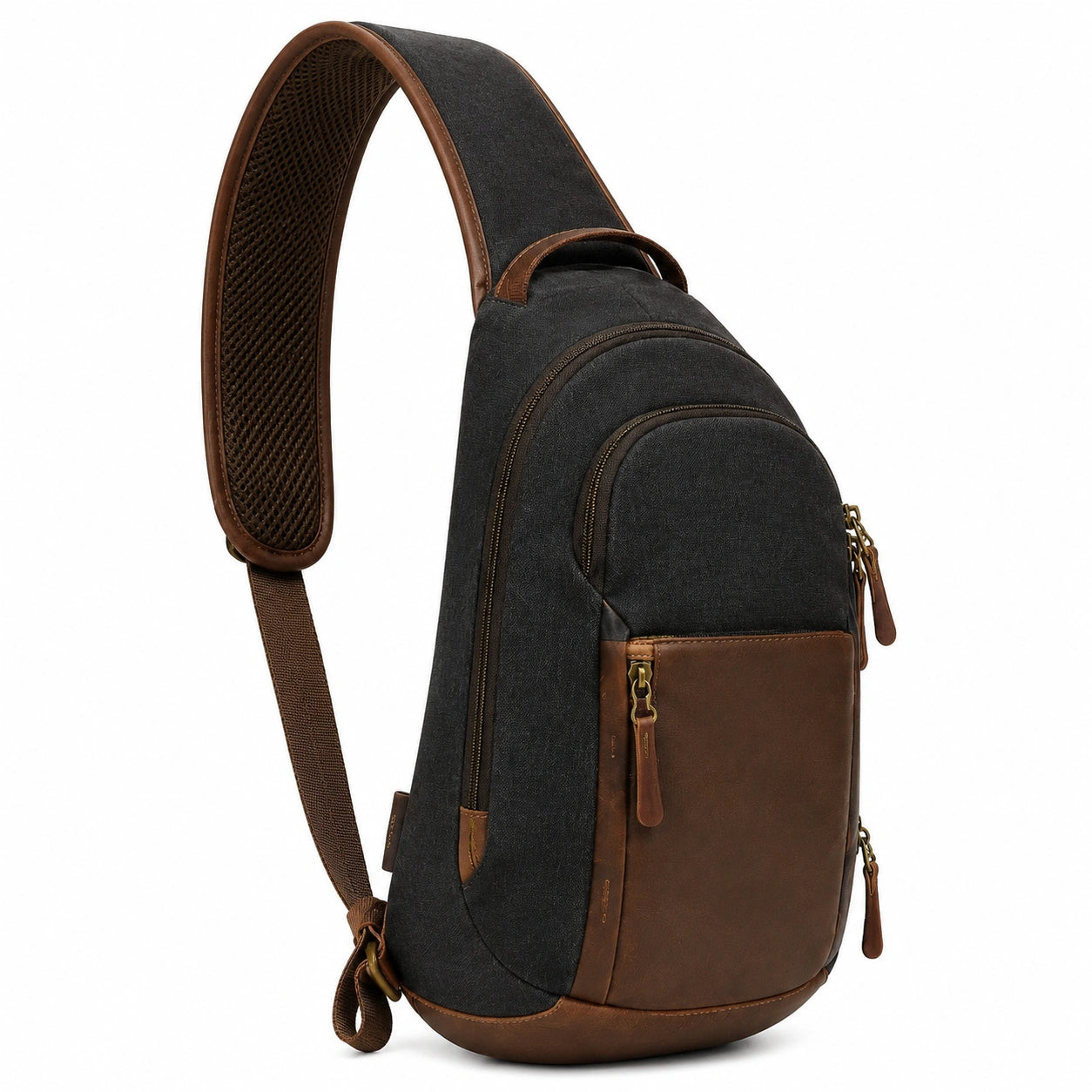 Zaino monospalla 18 x 10 x 32 cm in tessuto e similpelle nero/marrone con tasche a zip