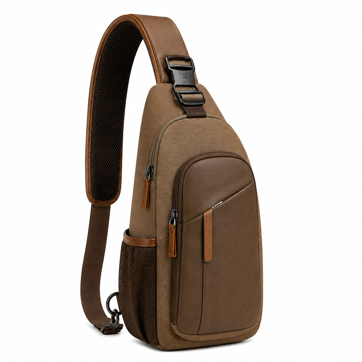 Borsa a tracolla 18 x 8 x 34 cm in tessuto e similpelle marrone con tasche zip