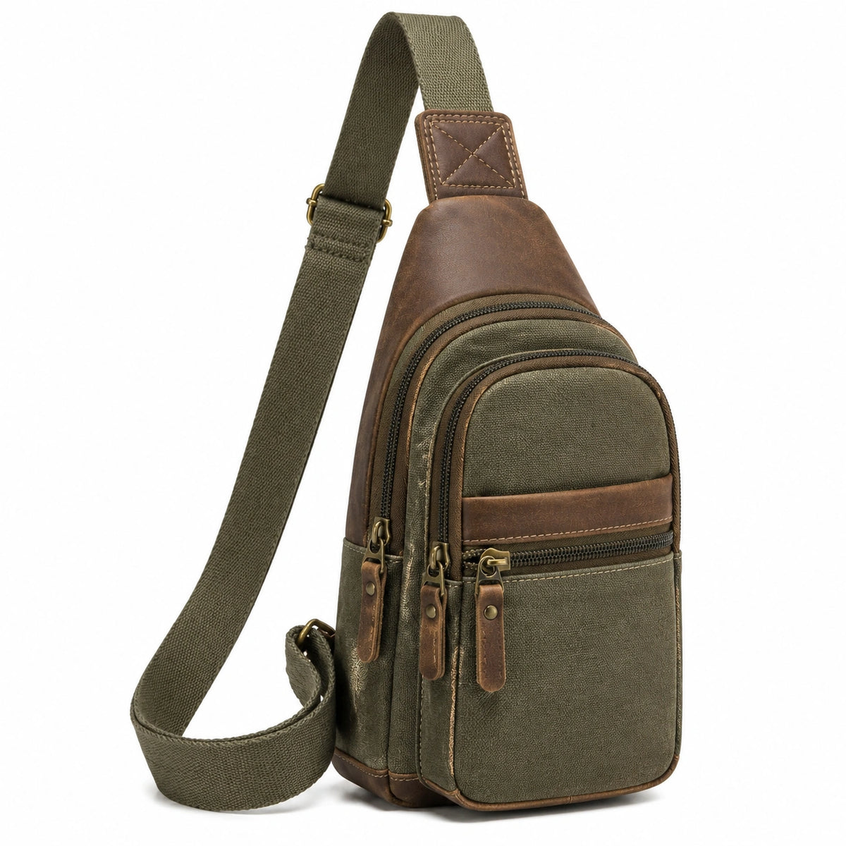 Borsa a tracolla 18 x 8 x 33 cm in tela e similpelle verde oliva marrone stile vintage