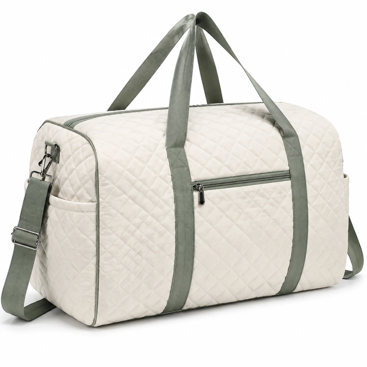 Borsone da viaggio 50 cm in tessuto trapuntato beige e verde con tracolla regolabile