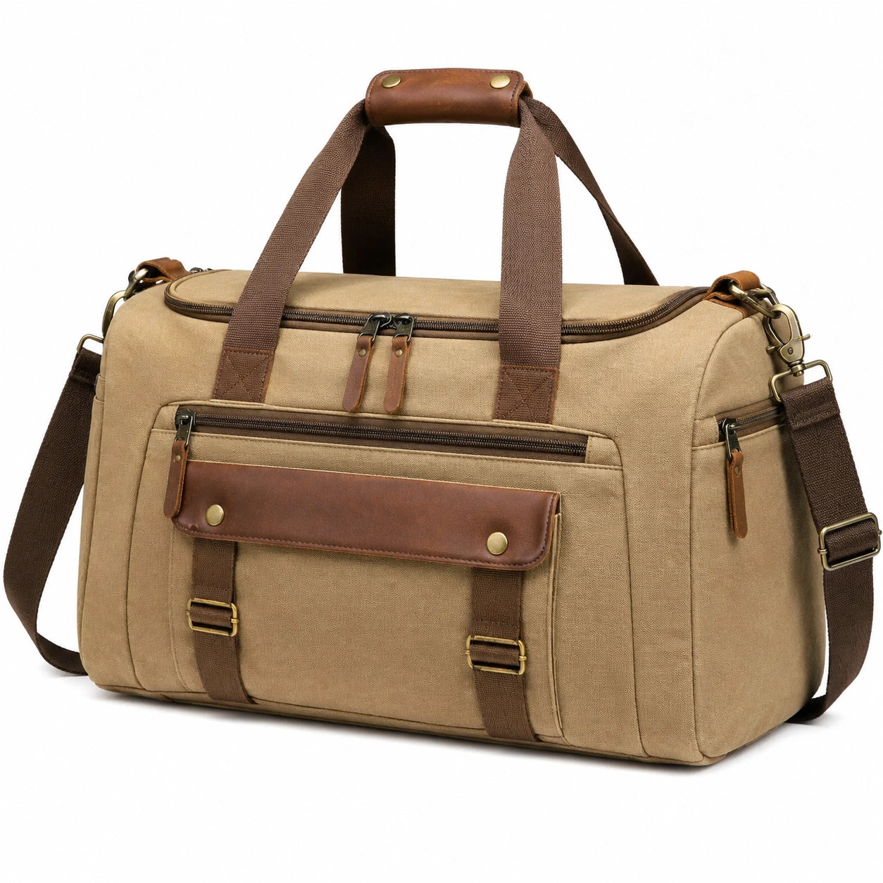 Borsone da viaggio 50 cm in tela beige e marrone con tracolla e tasche