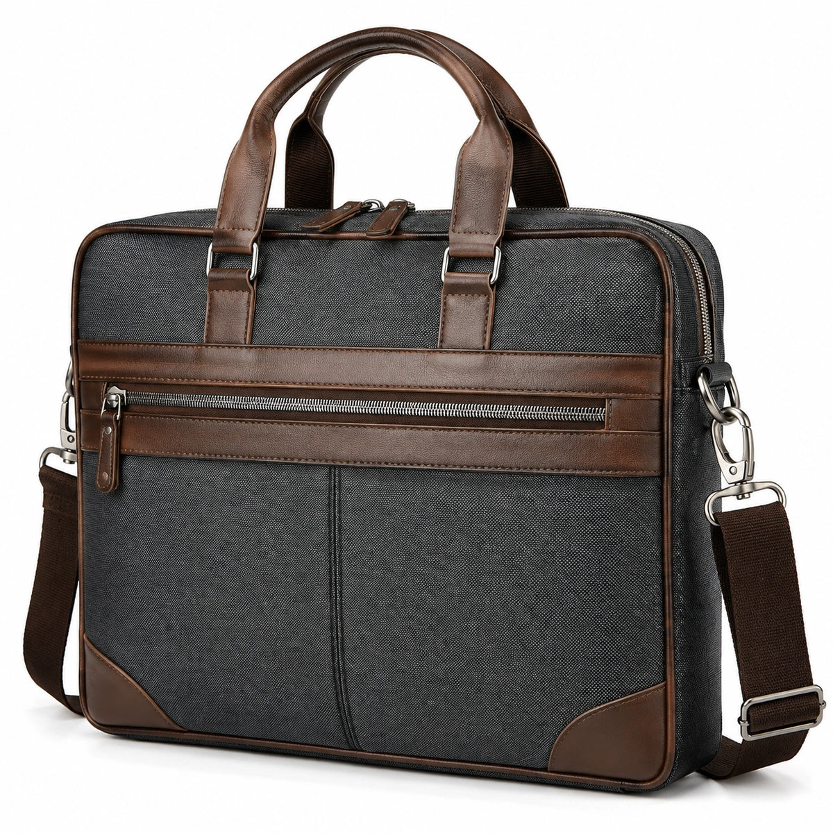 Borsa portadocumenti 40 x 10 x 30 cm in tessuto nero e similpelle marrone - tracolla regolabile