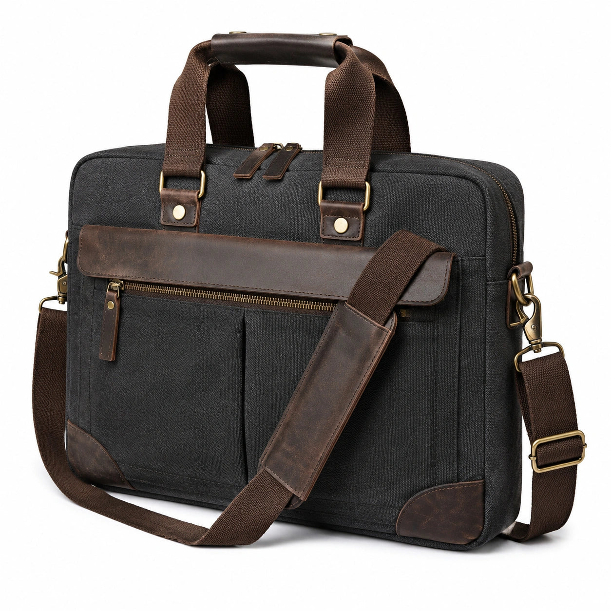 Borsa porta computer 42 cm in tessuto nero e marrone con tracolla regolabile stile classico