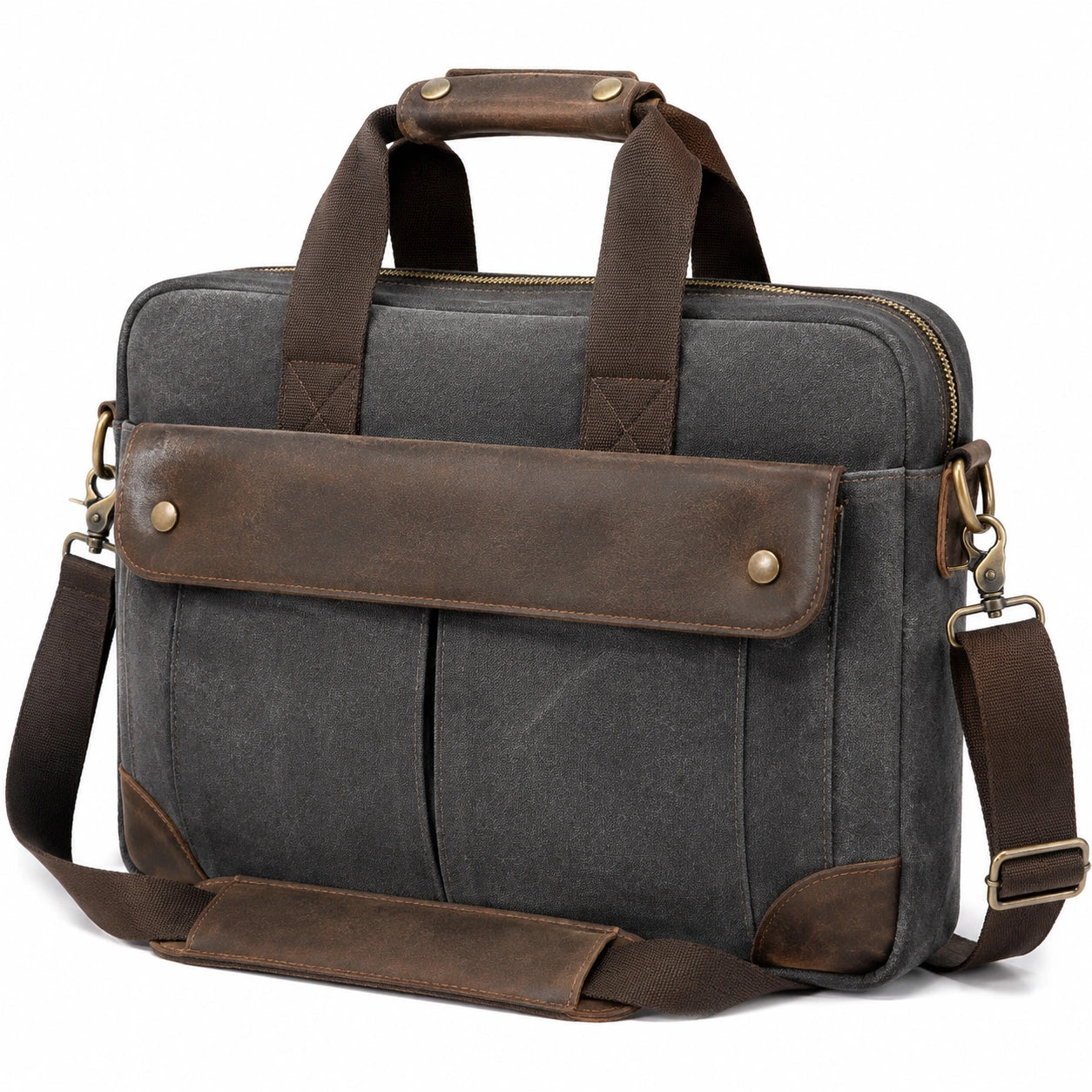 Borsa portadocumenti 40 x 10 x 30 cm in tela grigio scuro e marrone - tracolla regolabile stile vintage