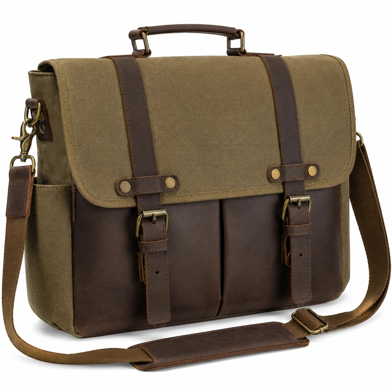 Borsa messenger 40 x 12 x 30 cm in tela e pelle marrone kaki - tracolla regolabile
