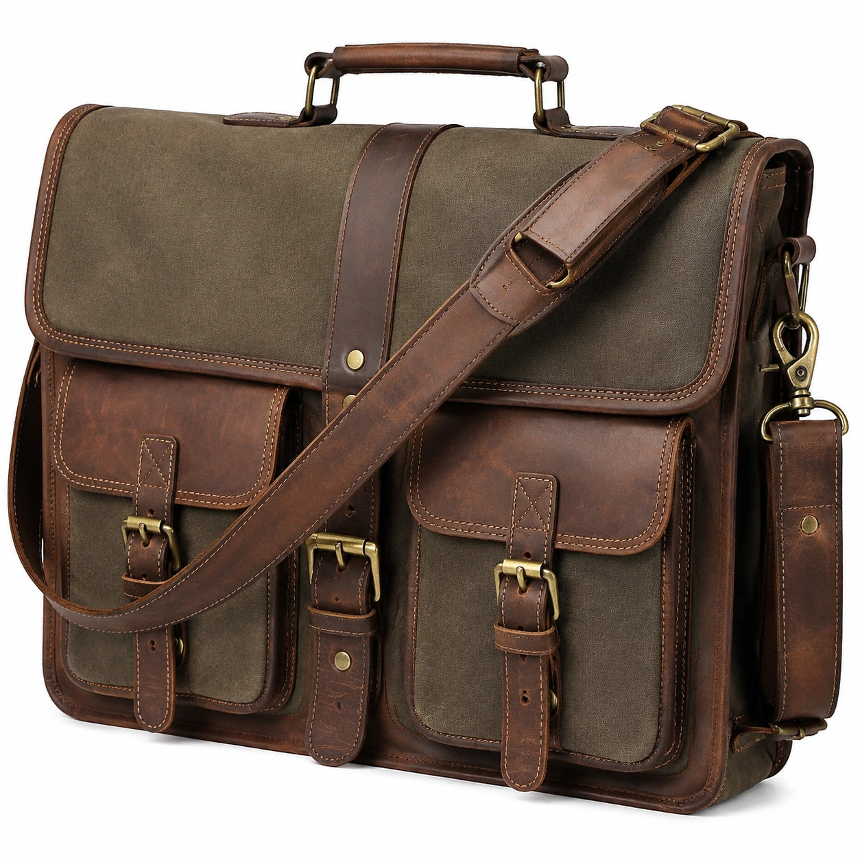 Borsa messenger 40 x 15 x 30 cm in tela e pelle marrone verde oliva con tracolla regolabile