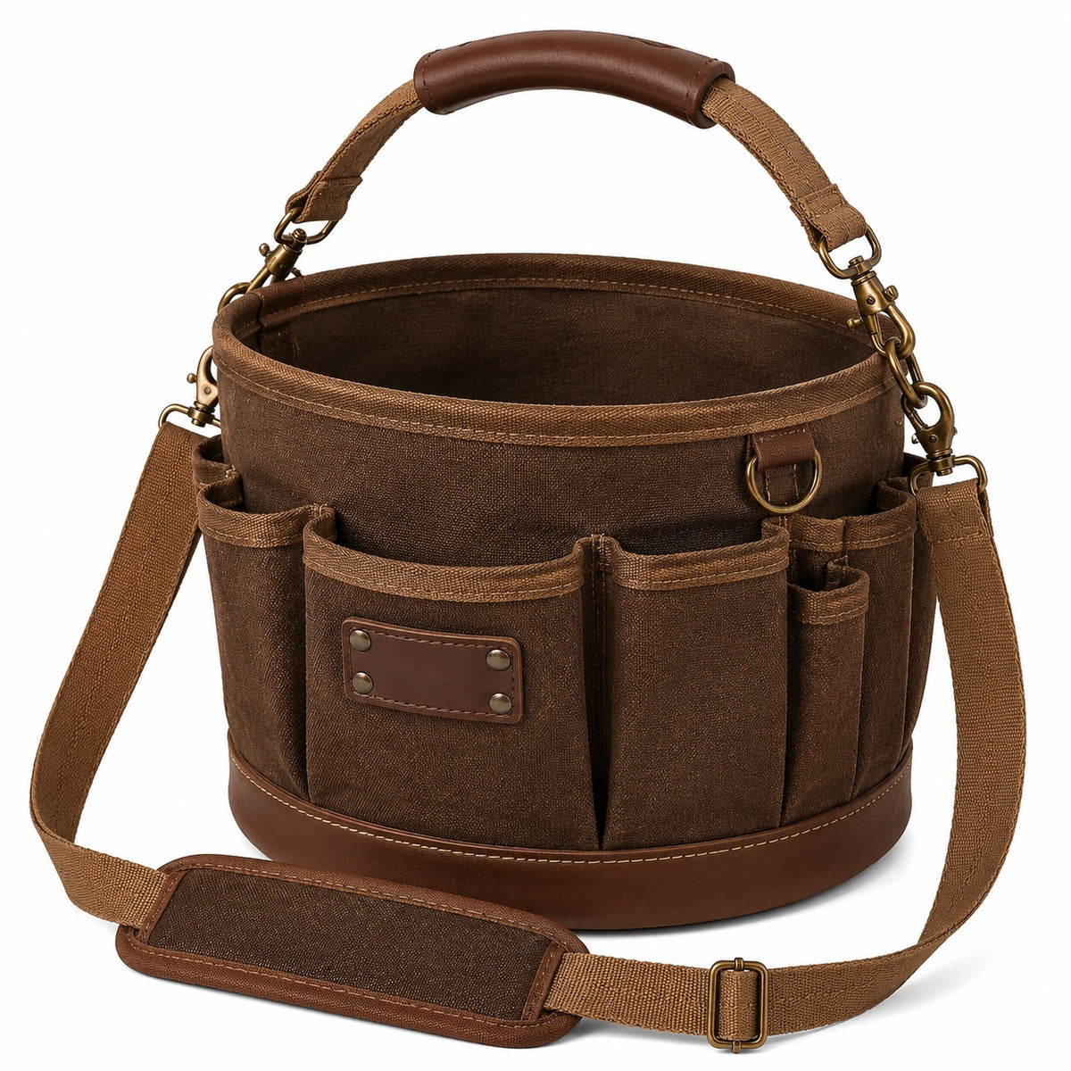 Borsa portautensili cilindrica 30 cm in tessuto marrone con tracolla regolabile stile utility