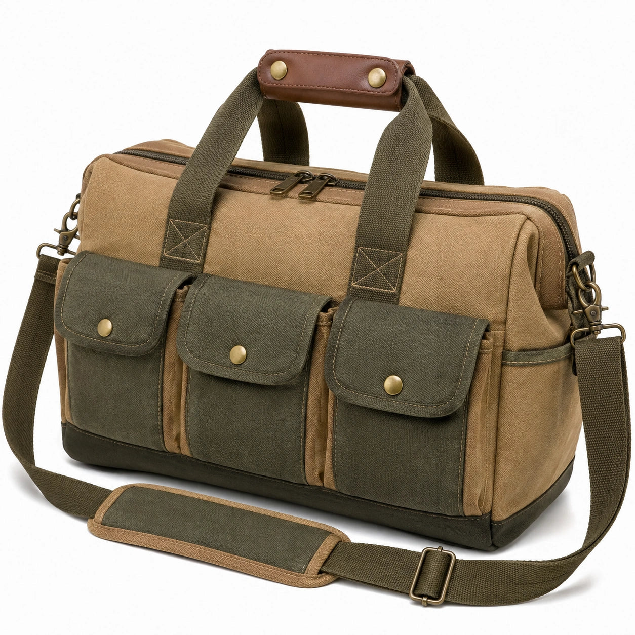 Borsa da viaggio 40 x 18 x 28 cm in tela beige e verde oliva con tasche esterne e tracolla