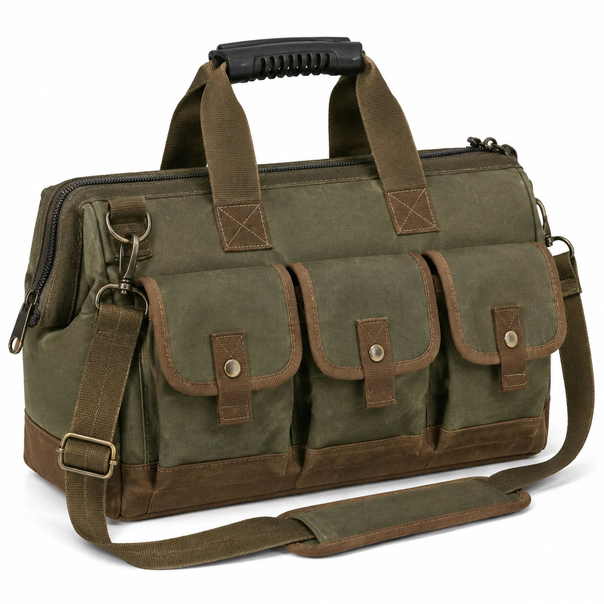 Borsa da viaggio 45 x 25 x 30 cm in tela verde oliva e marrone con tracolla regolabile