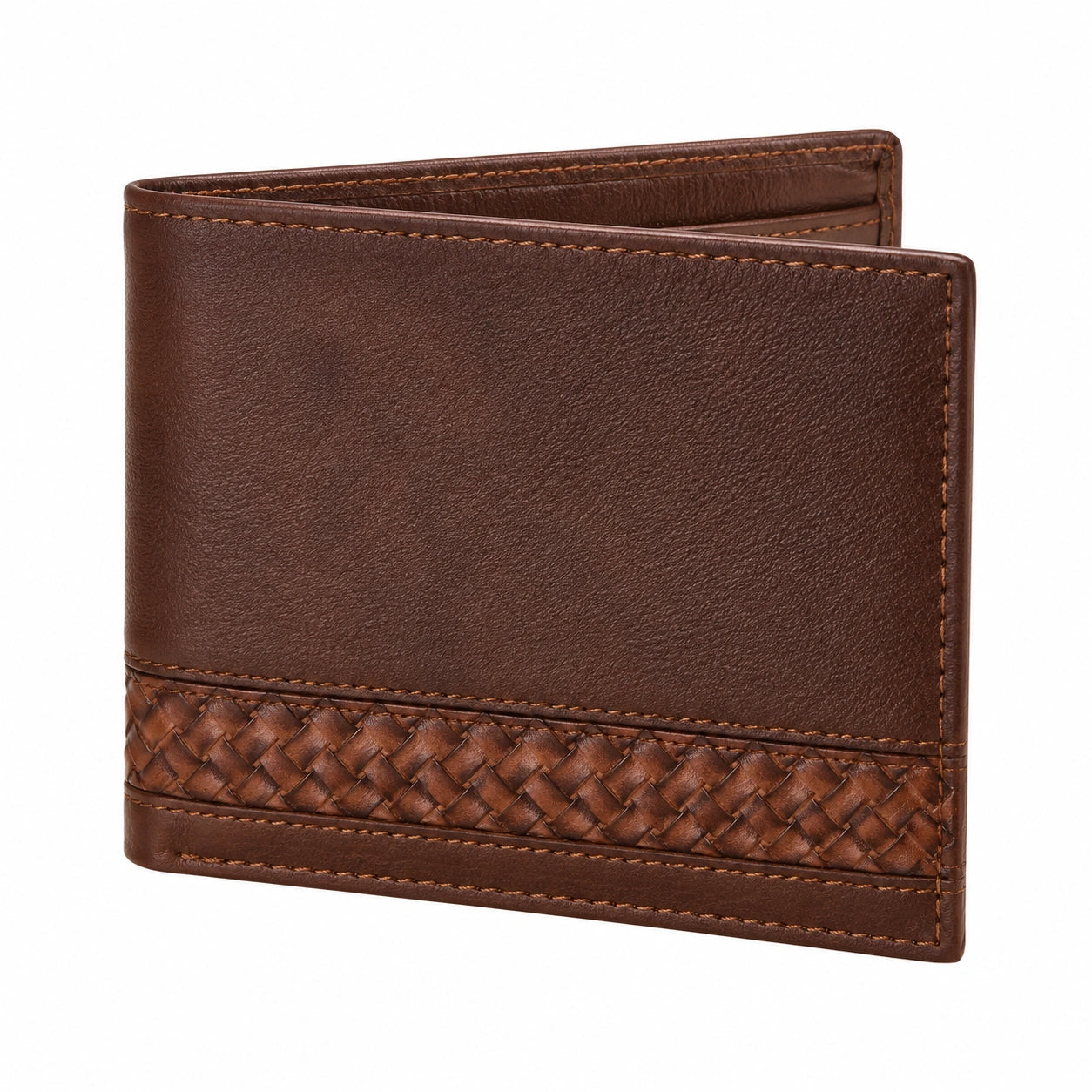 Portafoglio bifold 12 cm in materiale sintetico marrone intrecciato stile classico