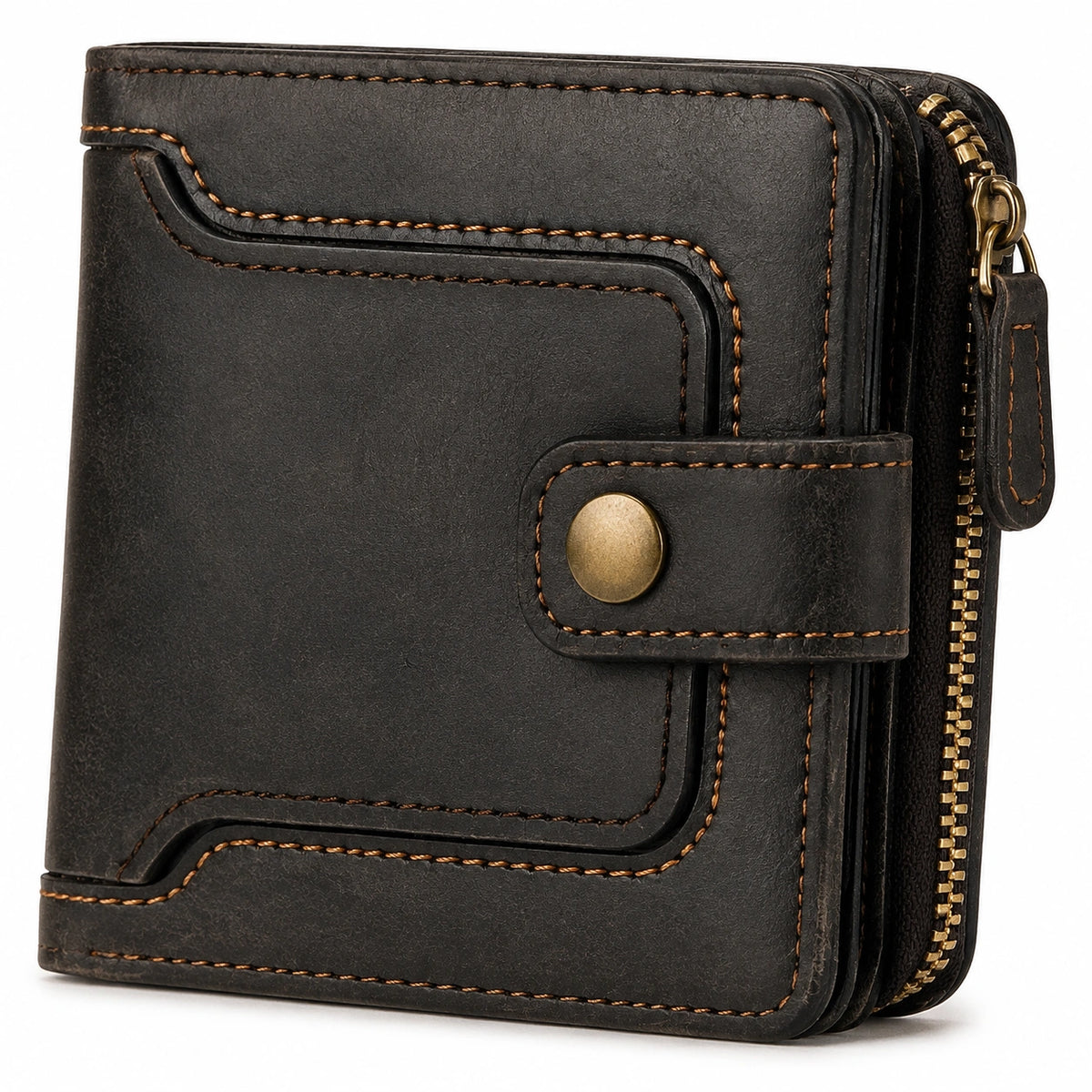 Portafoglio compatto 12 x 10 x 3 cm in materiale sintetico nero con zip e bottone a pressione