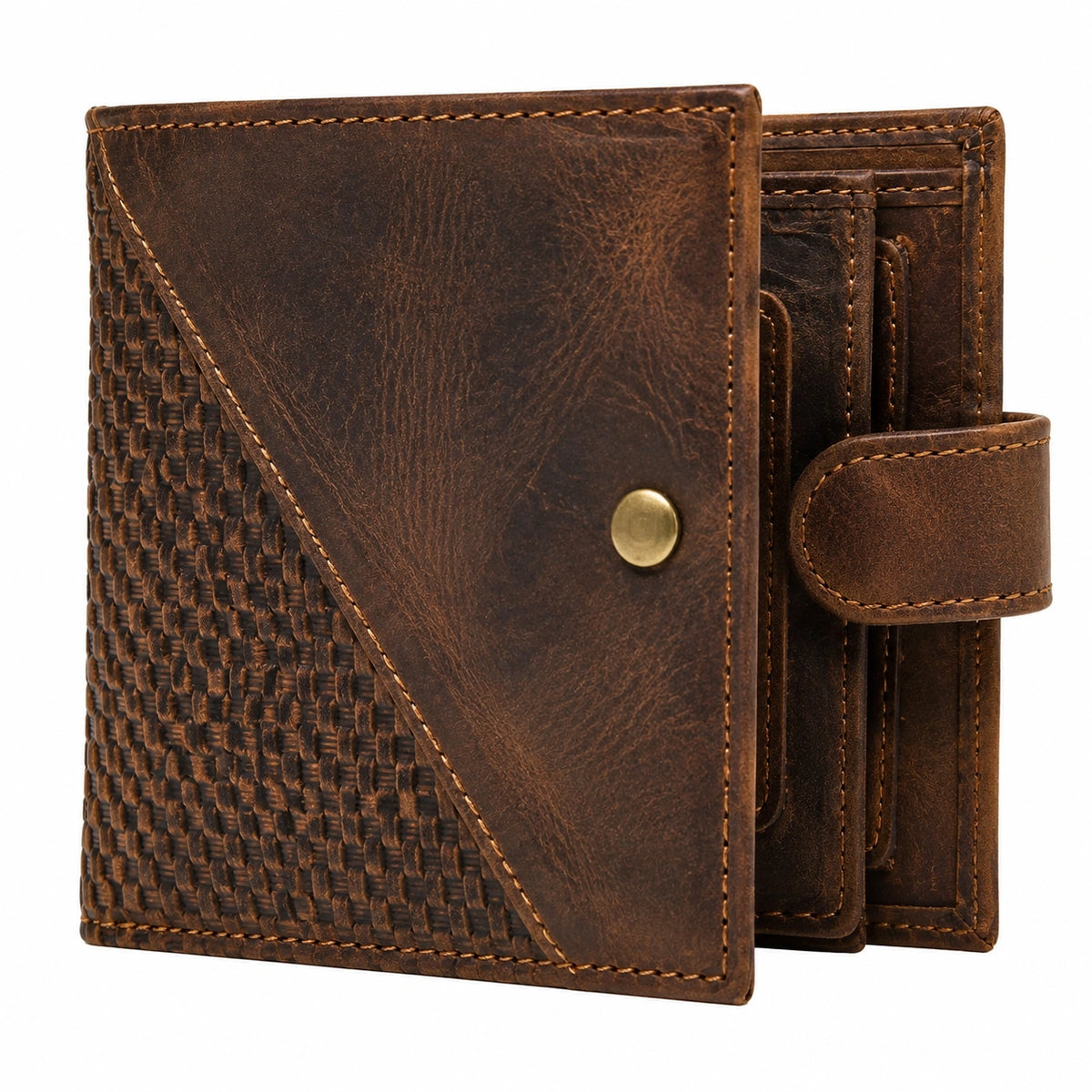 Portafoglio da uomo 12 x 9 x 2 cm in pelle marrone intrecciato con chiusura a bottone
