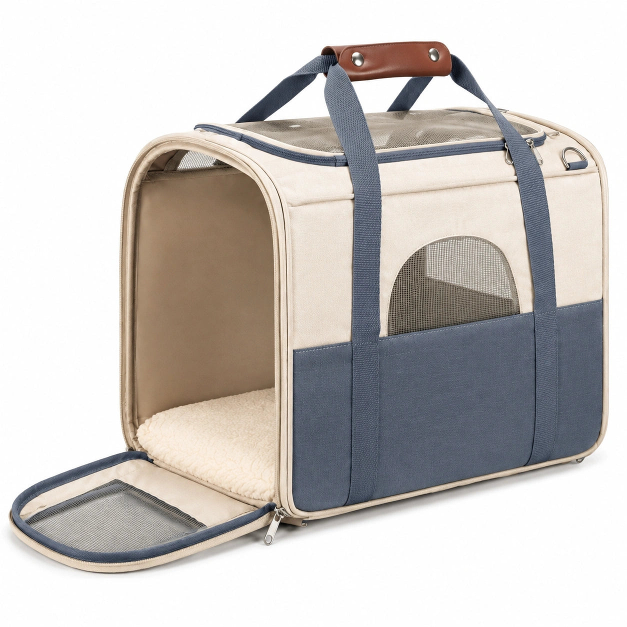 Borsa trasporto animali 45 x 28 x 28 cm in tessuto beige blu con rete ventilata