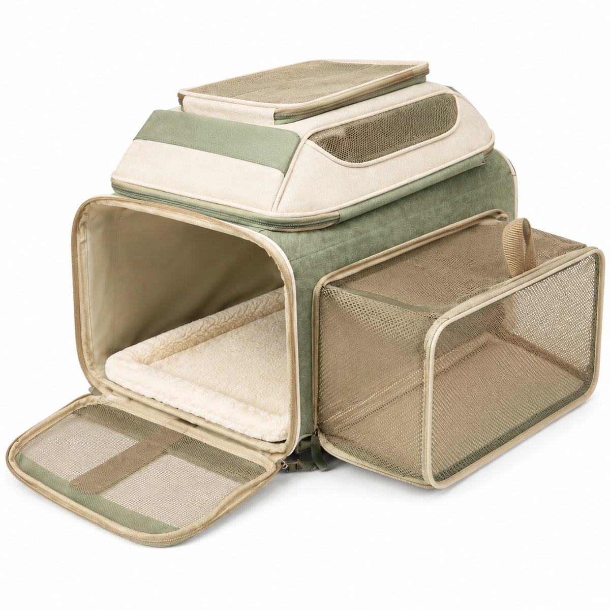 Trasportino per animali 45x28x30 cm in tessuto beige e verde con pannelli in rete pieghevole