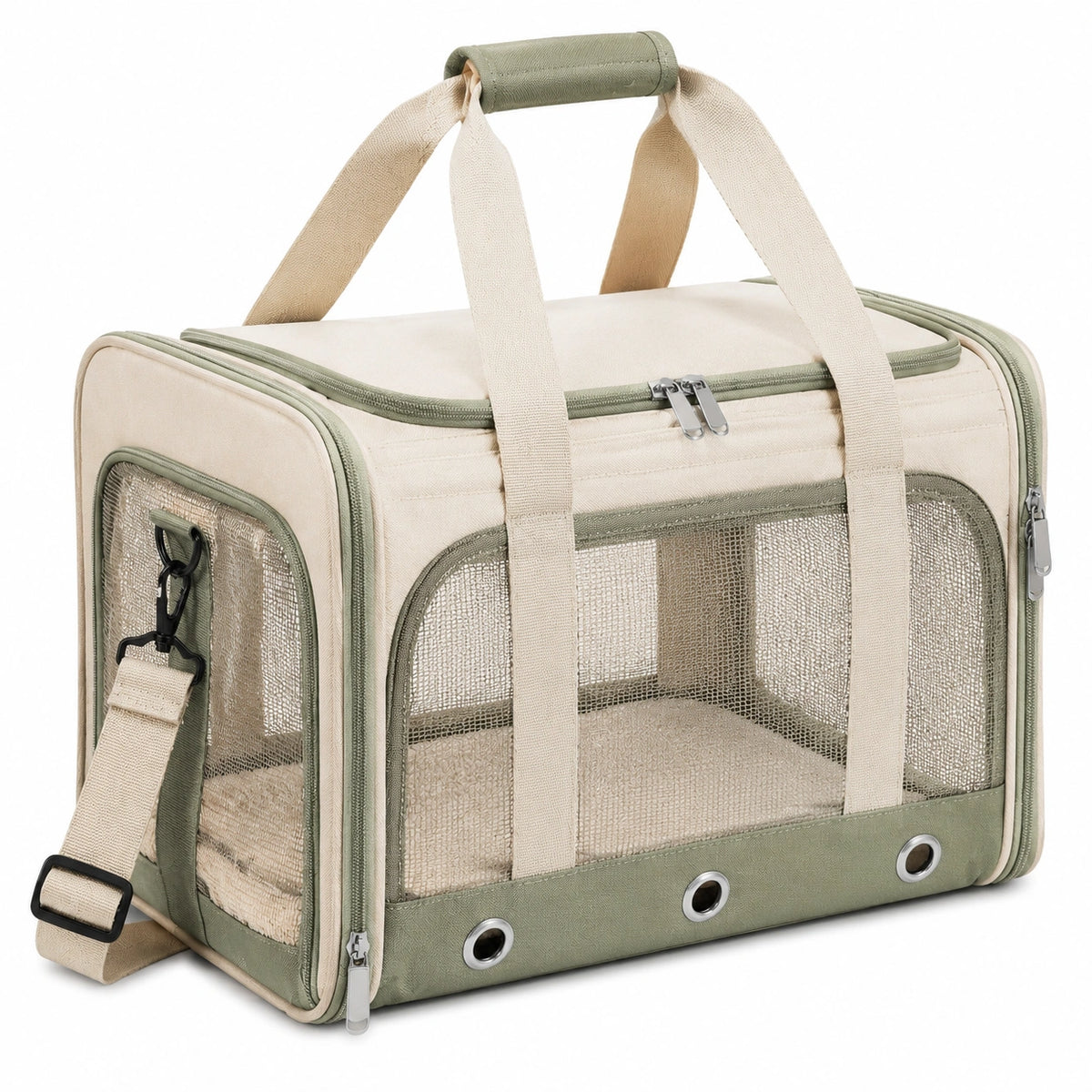 Trasportino per animali 45 cm x 30 cm x 30 cm in tessuto beige e verde salvia con pannelli in rete da viaggio