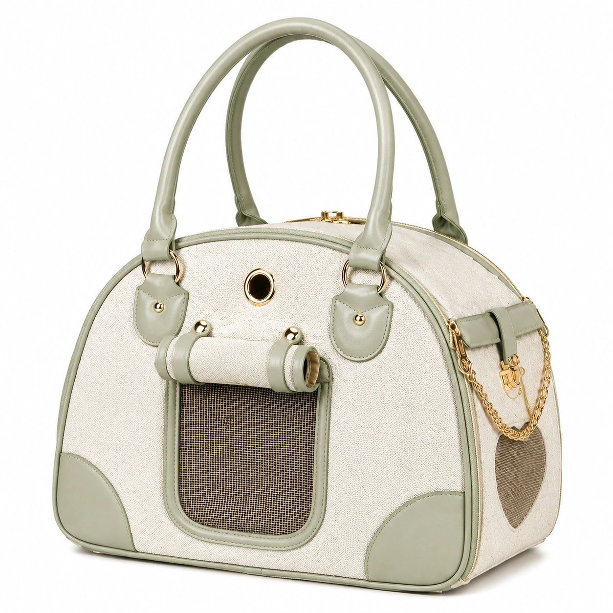 Trasportino per animali 45 x 25 x 33 cm in tessuto beige e verde salvia con rete - borsa da viaggio