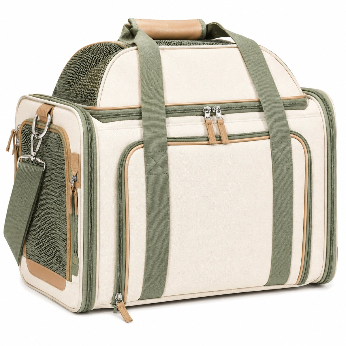 Trasportino per animali 45 x 28 x 30 cm in tessuto beige e rete verde oliva - borsa da viaggio con tracolla