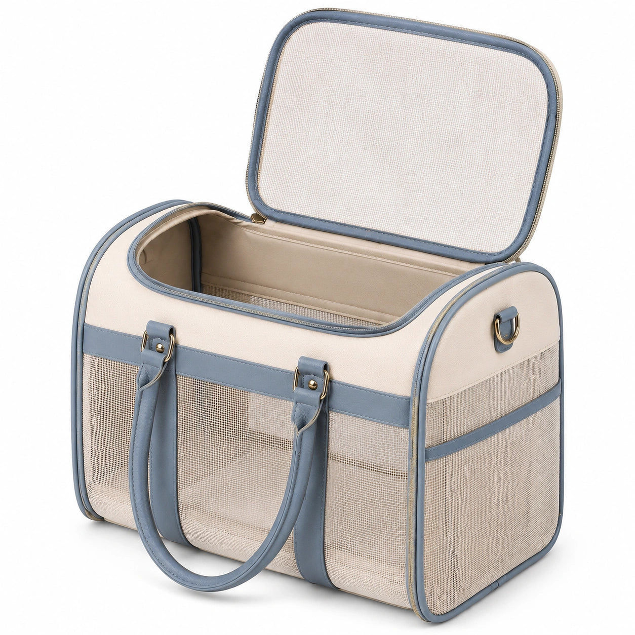 Trasportino per animali 45 x 28 x 30 cm in tessuto beige e blu con rete e apertura superiore