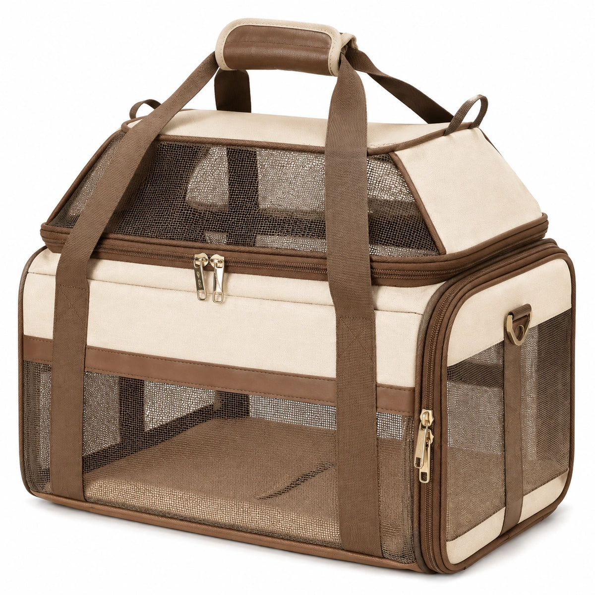 Trasportino per animali 45 x 28 x 30 cm in tessuto beige e marrone con rete traspirante