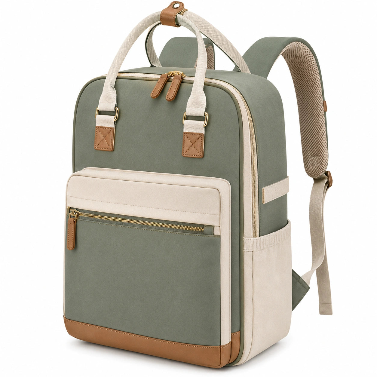Zaino portaoggetti 40 x 30 x 15 cm in tessuto verde e beige con tasca frontale
