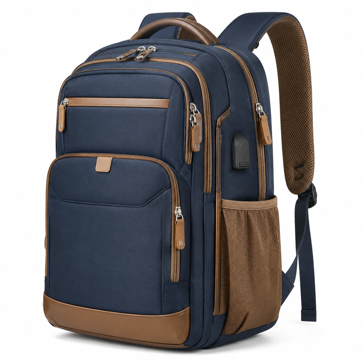 Zaino porta laptop 45 x 30 x 18 cm in tessuto blu navy e marrone con porta USB e tasche multiple