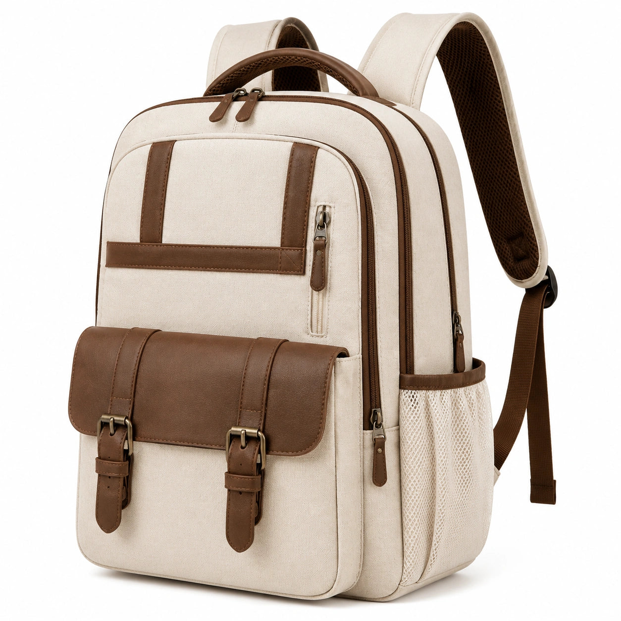 Zaino 30 x 15 x 40 cm in tessuto beige e similpelle marrone con tasche multiple