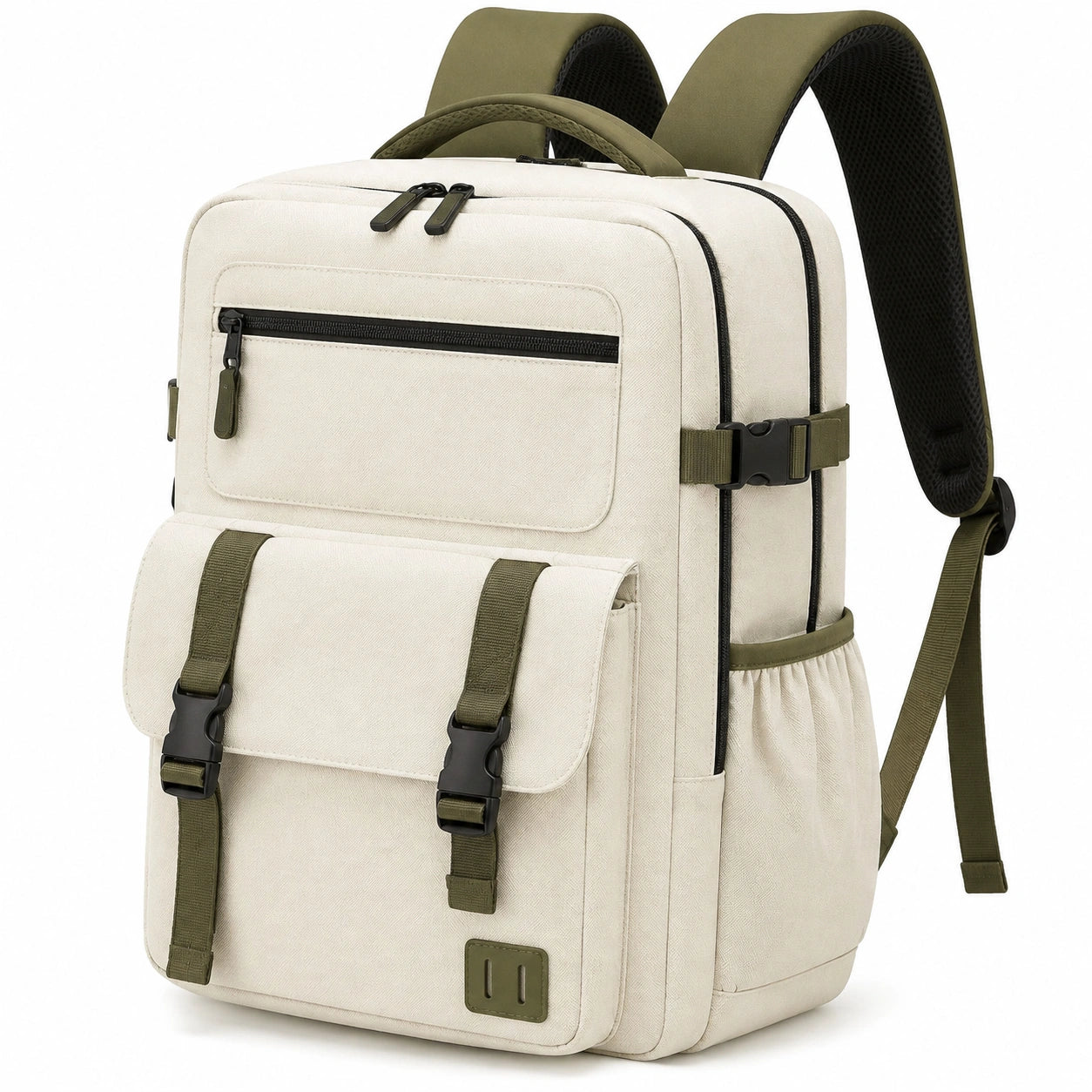 Zaino 30 x 15 x 43 cm in tessuto beige e verde oliva con tasche multiple per uso quotidiano