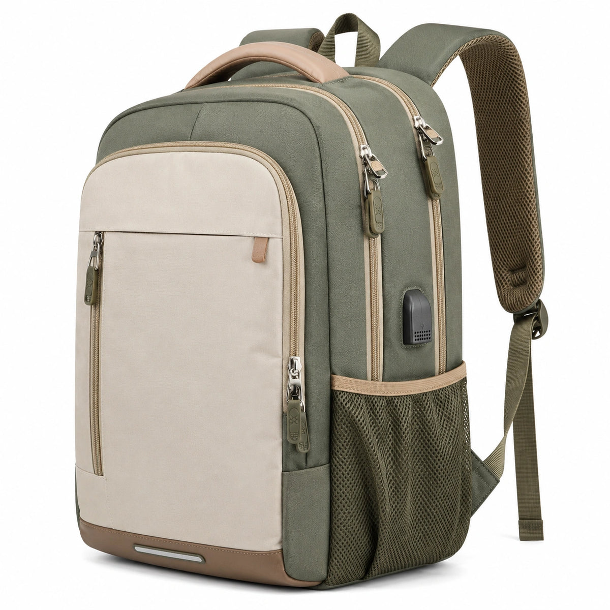 Zaino 45 x 30 x 18 cm in tessuto verde e beige con scomparto per computer e porta USB