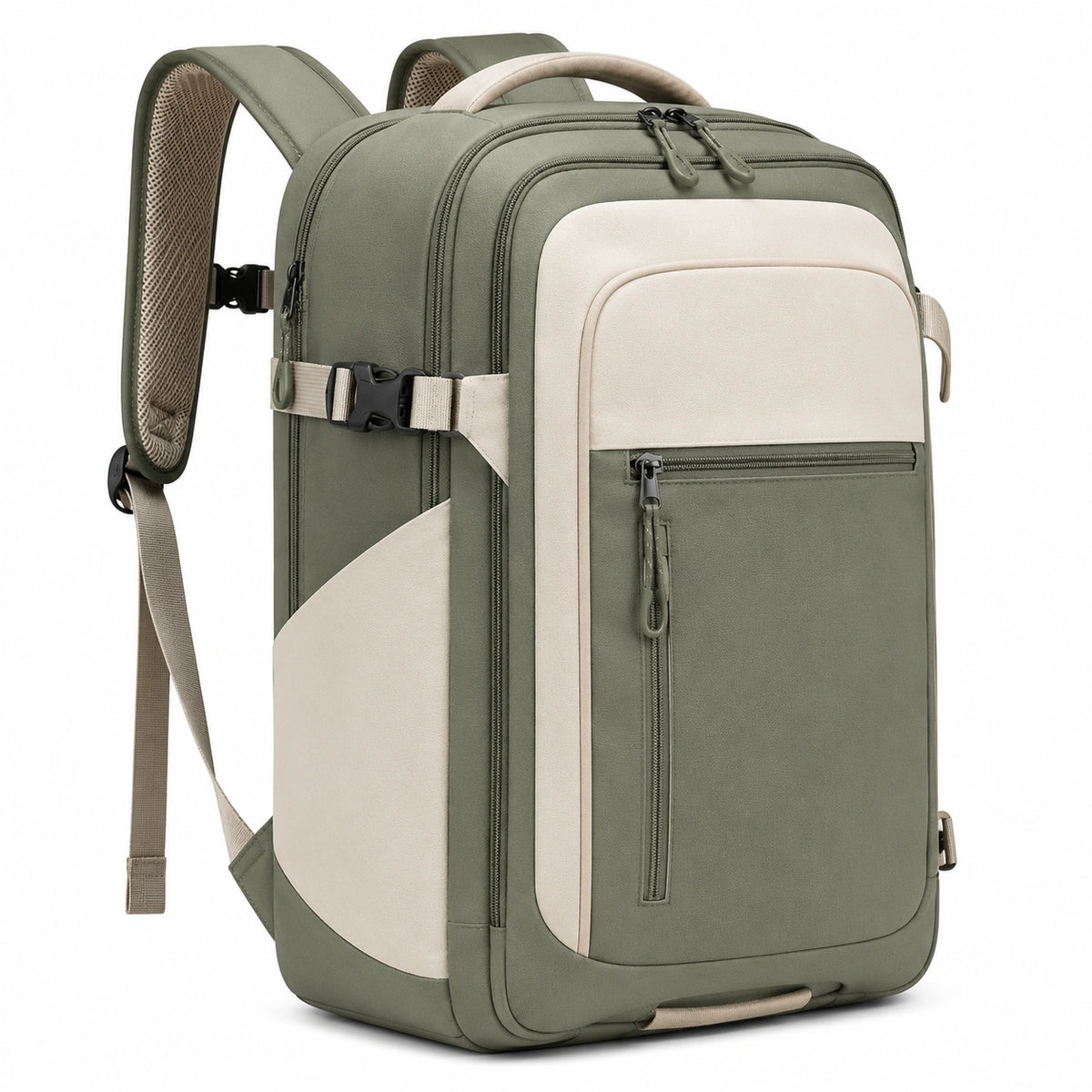 Zaino 45 x 30 x 18 cm in tessuto sintetico verde/beige da viaggio con scomparti